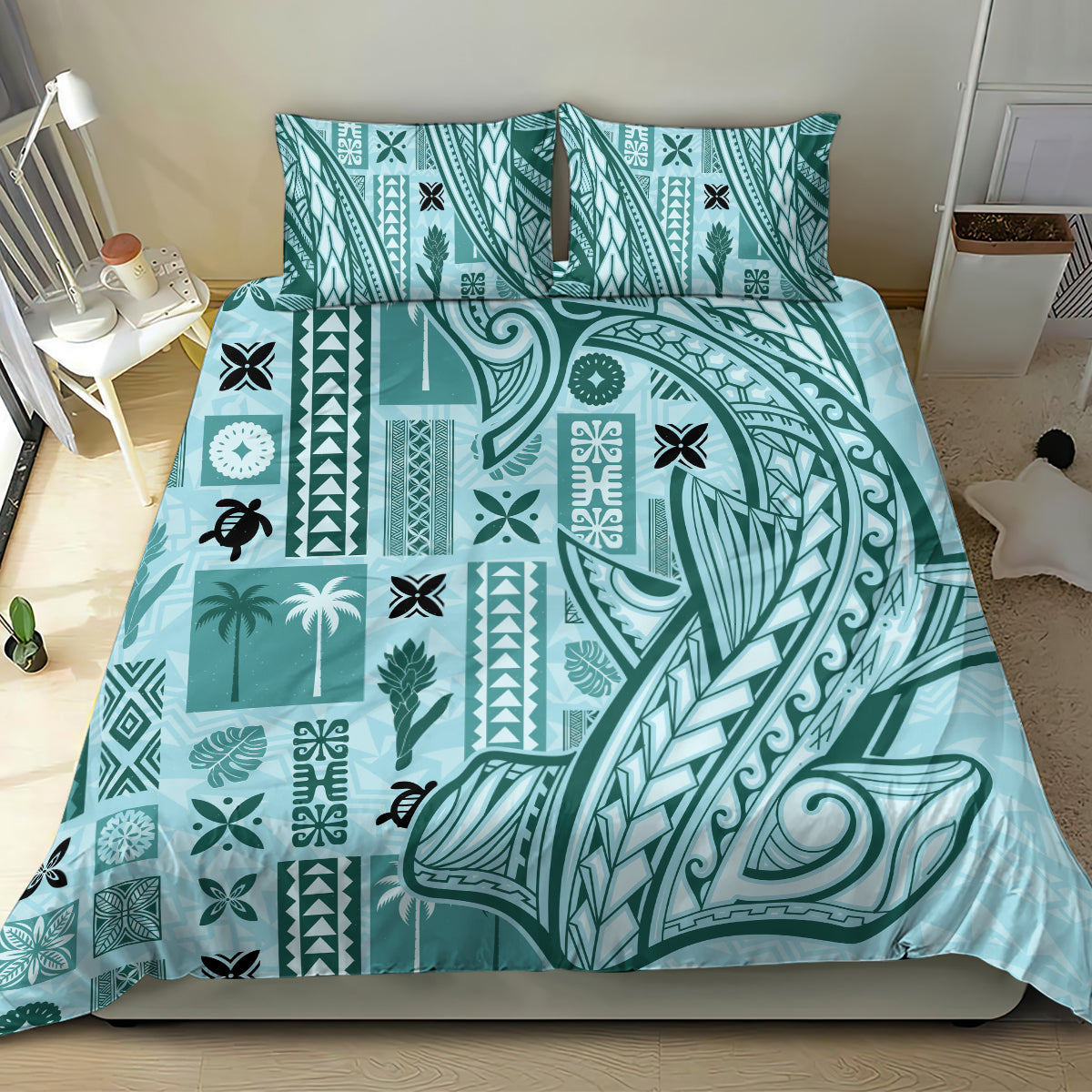 Samoa Tapa Bedding Set Siapo Mix Tatau Patterns - Teal LT7 - Wonder Print Shop