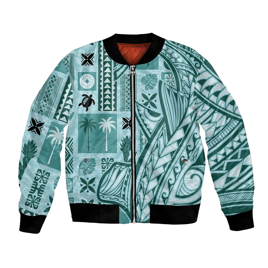 Samoa Tapa Bomber Jacket Siapo Mix Tatau Patterns - Teal LT7 - Wonder Print Shop