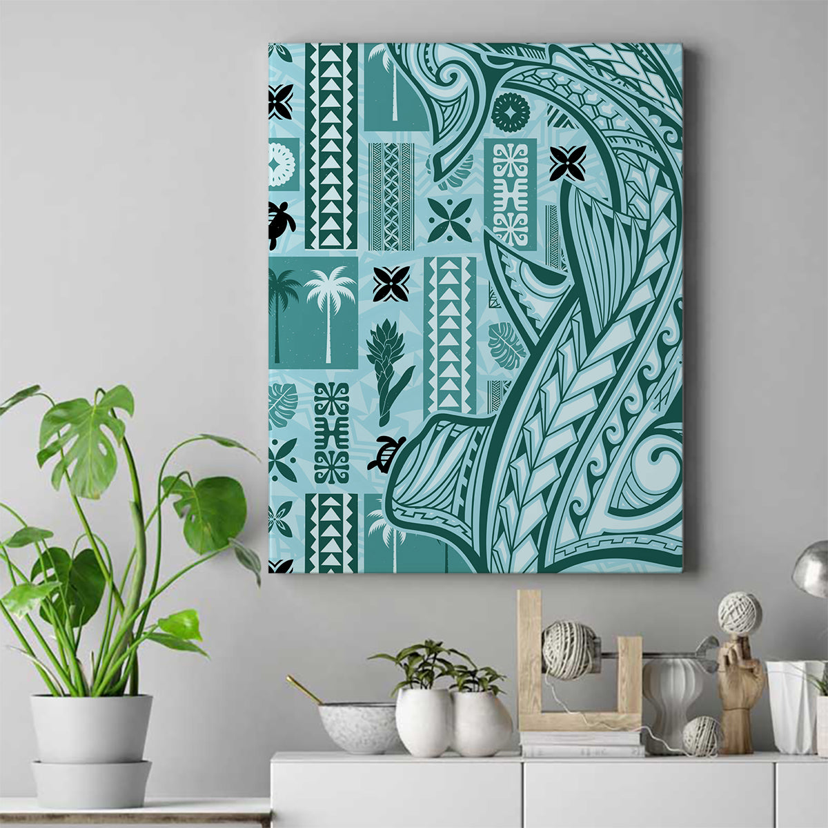 Samoa Tapa Canvas Wall Art Siapo Mix Tatau Patterns - Teal LT7 - Wonder Print Shop