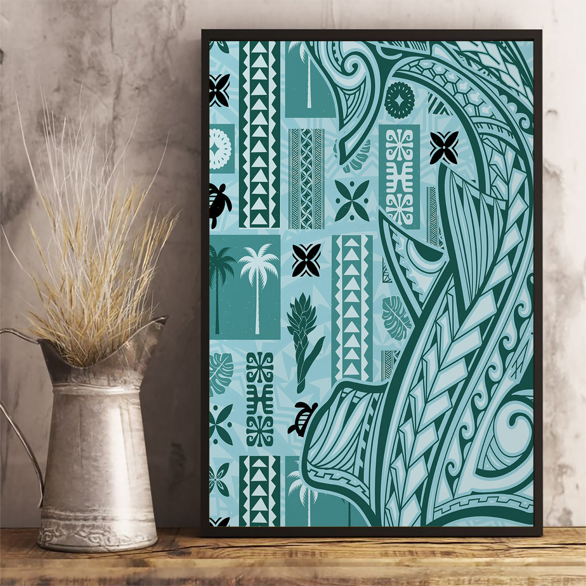 Samoa Tapa Canvas Wall Art Siapo Mix Tatau Patterns - Teal LT7 - Wonder Print Shop