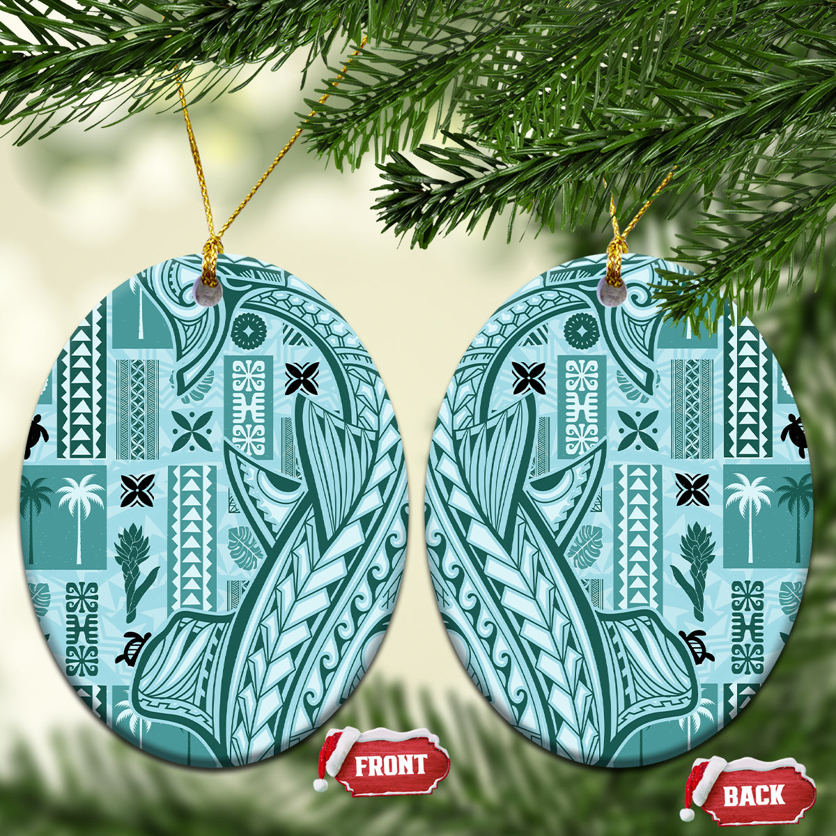 Samoa Tapa Ceramic Ornament Siapo Mix Tatau Patterns - Teal LT7 - Wonder Print Shop