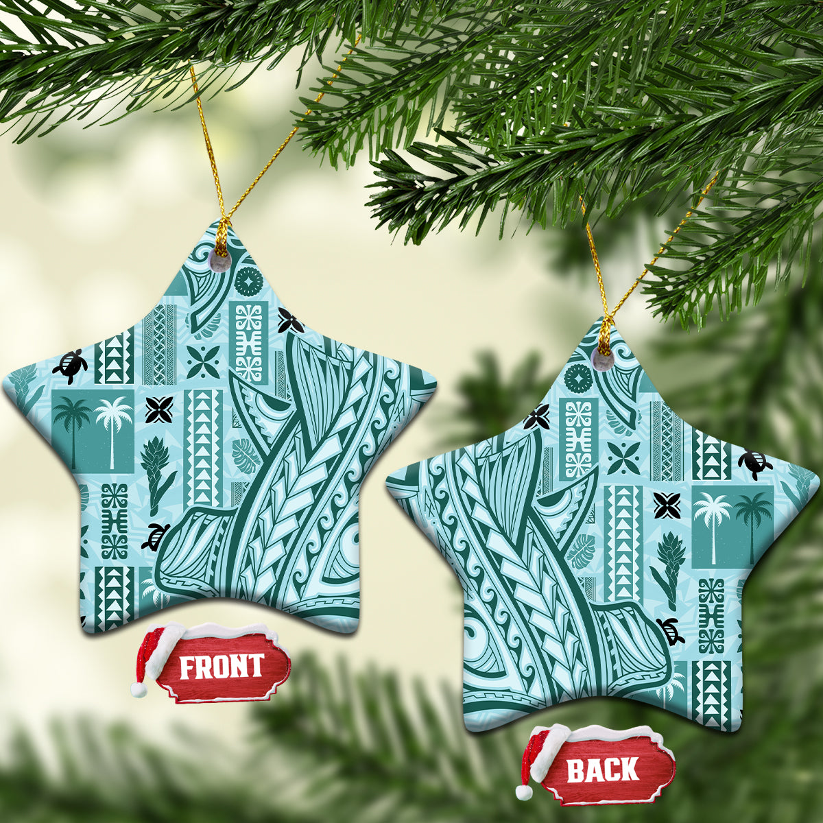 Samoa Tapa Ceramic Ornament Siapo Mix Tatau Patterns - Teal LT7 - Wonder Print Shop