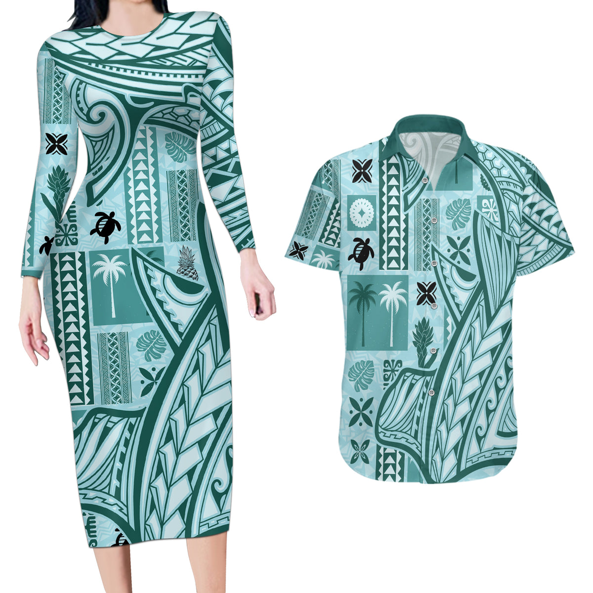Samoa Tapa Couples Matching Long Sleeve Bodycon Dress and Hawaiian Shirt Siapo Mix Tatau Patterns - Teal LT7 - Wonder Print Shop