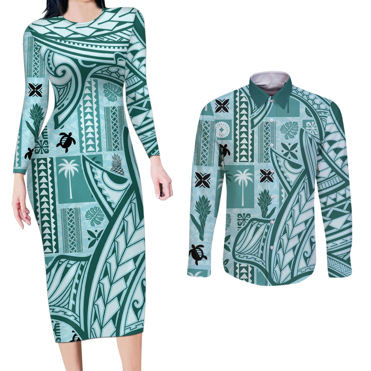 Samoa Tapa Couples Matching Long Sleeve Bodycon Dress and Long Sleeve Button Shirt Siapo Mix Tatau Patterns - Teal LT7 - Wonder Print Shop