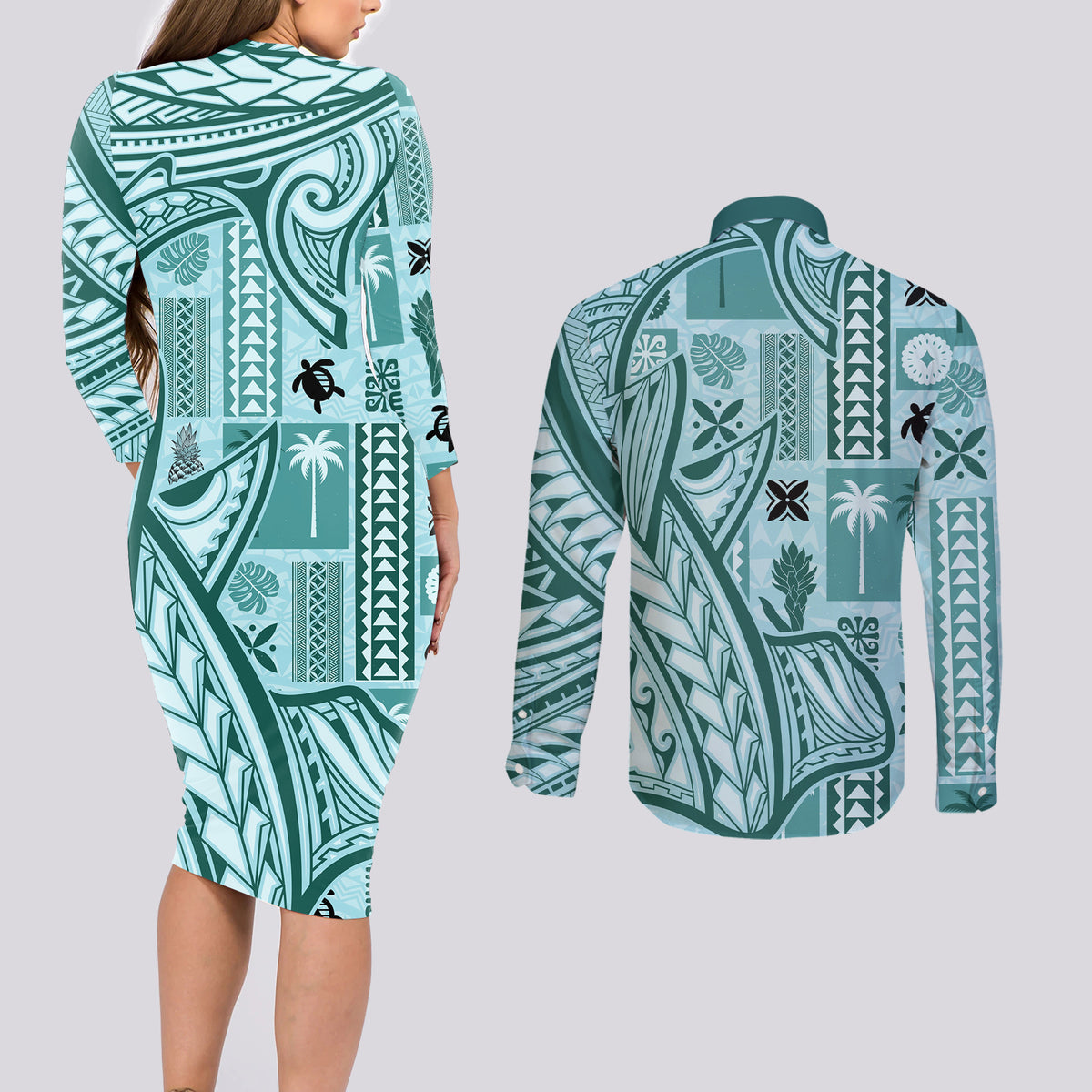Samoa Tapa Couples Matching Long Sleeve Bodycon Dress and Long Sleeve Button Shirt Siapo Mix Tatau Patterns - Teal LT7 - Wonder Print Shop