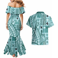 Samoa Tapa Couples Matching Mermaid Dress and Hawaiian Shirt Siapo Mix Tatau Patterns - Teal LT7 - Wonder Print Shop