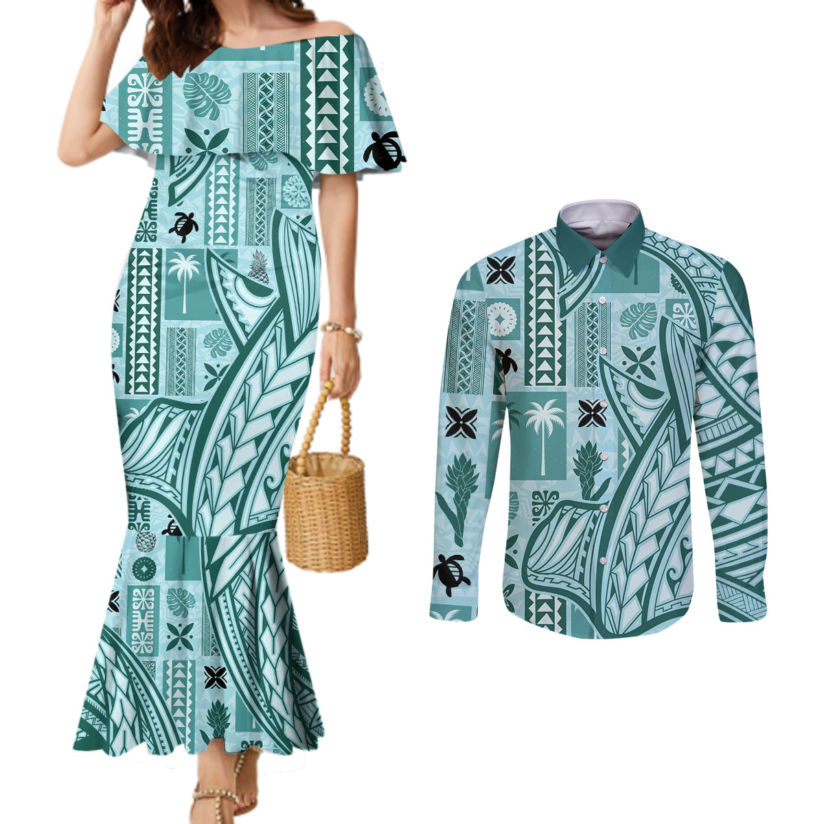 samoa-tapa-couples-matching-mermaid-dress-and-long-sleeve-button-shirt-siapo-mix-tatau-patterns-teal