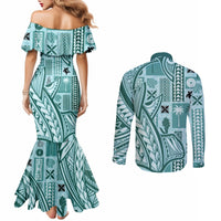 samoa-tapa-couples-matching-mermaid-dress-and-long-sleeve-button-shirt-siapo-mix-tatau-patterns-teal