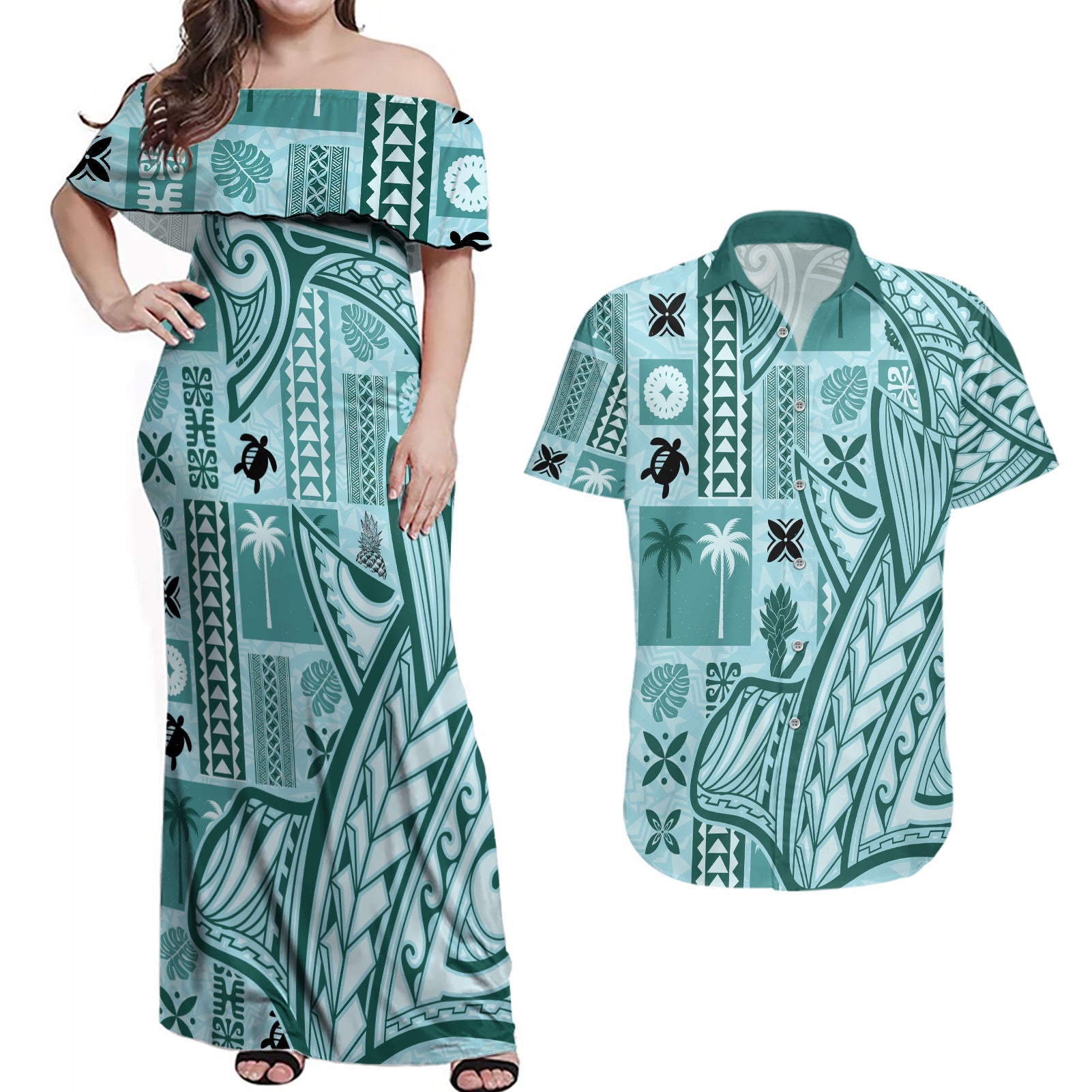 Samoa Tapa Couples Matching Off Shoulder Maxi Dress and Hawaiian Shirt Siapo Mix Tatau Patterns - Teal LT7 - Wonder Print Shop