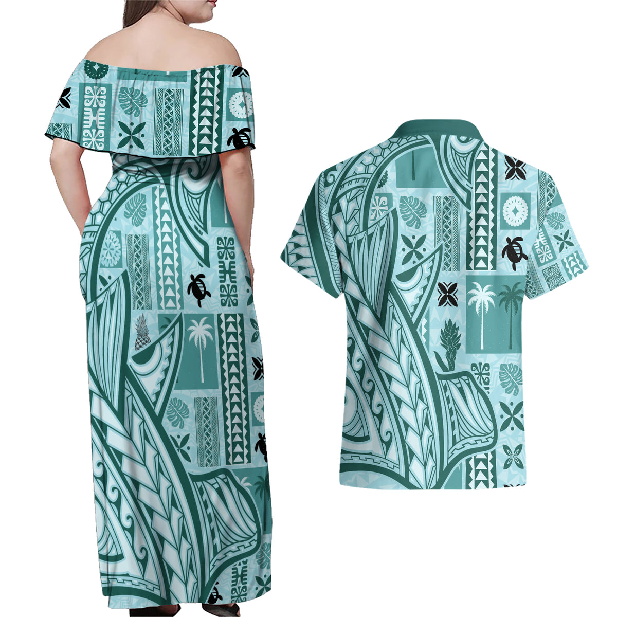 Samoa Tapa Couples Matching Off Shoulder Maxi Dress and Hawaiian Shirt Siapo Mix Tatau Patterns - Teal LT7 - Wonder Print Shop