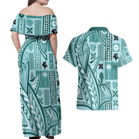 Samoa Tapa Couples Matching Off Shoulder Maxi Dress and Hawaiian Shirt Siapo Mix Tatau Patterns - Teal LT7 - Wonder Print Shop