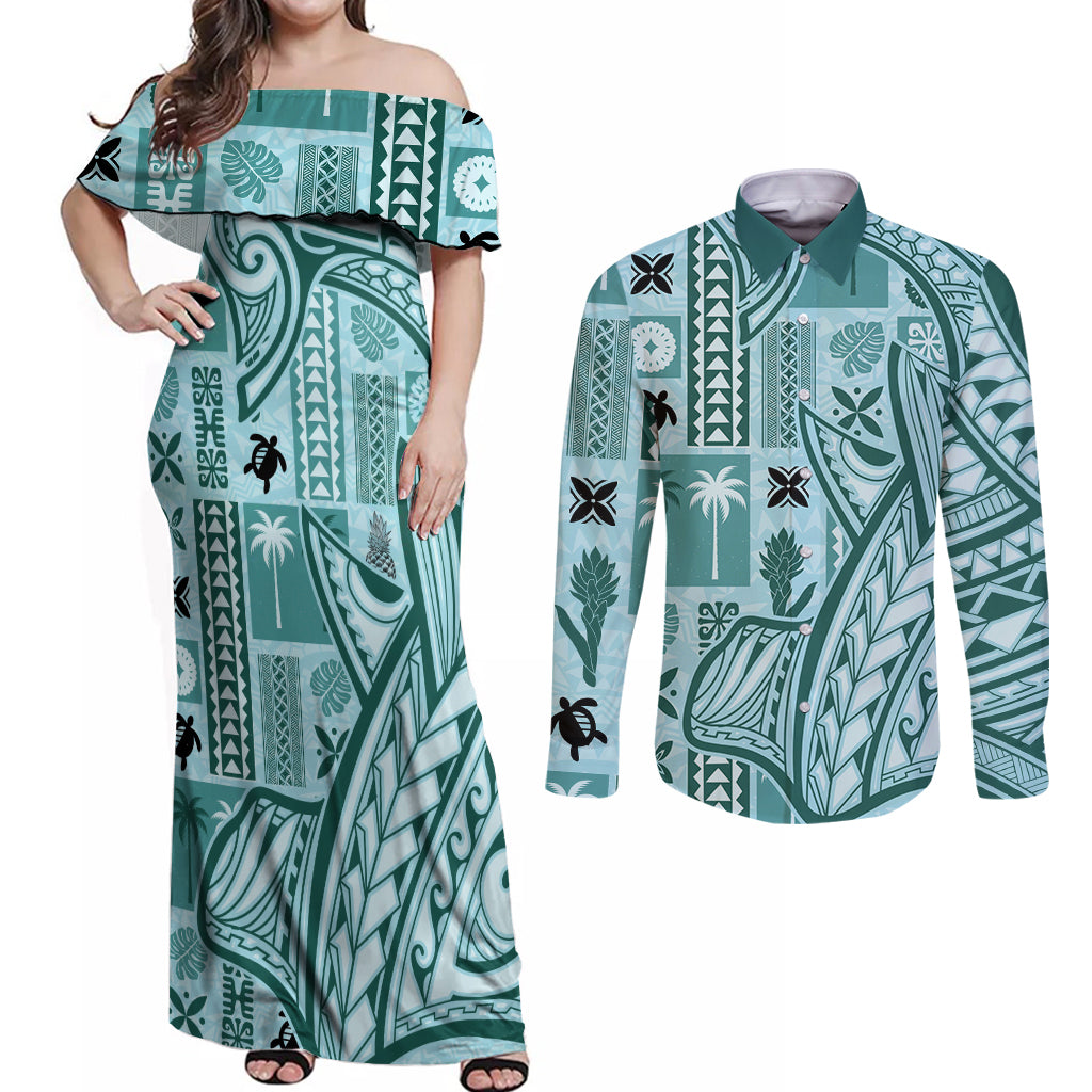 Samoa Tapa Couples Matching Off Shoulder Maxi Dress and Long Sleeve Button Shirt Siapo Mix Tatau Patterns - Teal LT7 - Wonder Print Shop