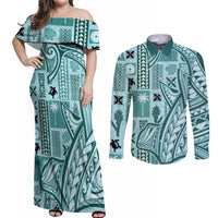 Samoa Tapa Couples Matching Off Shoulder Maxi Dress and Long Sleeve Button Shirt Siapo Mix Tatau Patterns - Teal LT7 - Wonder Print Shop