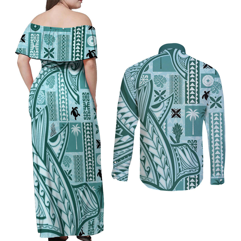 Samoa Tapa Couples Matching Off Shoulder Maxi Dress and Long Sleeve Button Shirt Siapo Mix Tatau Patterns - Teal LT7 - Wonder Print Shop