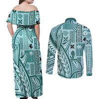Samoa Tapa Couples Matching Off Shoulder Maxi Dress and Long Sleeve Button Shirt Siapo Mix Tatau Patterns - Teal LT7 - Wonder Print Shop