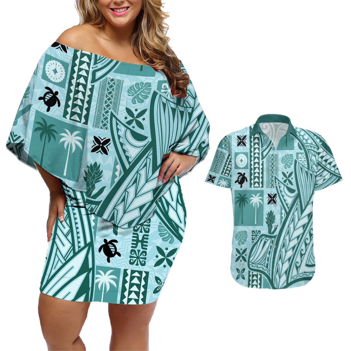 Samoa Tapa Couples Matching Off Shoulder Short Dress and Hawaiian Shirt Siapo Mix Tatau Patterns - Teal LT7 - Wonder Print Shop