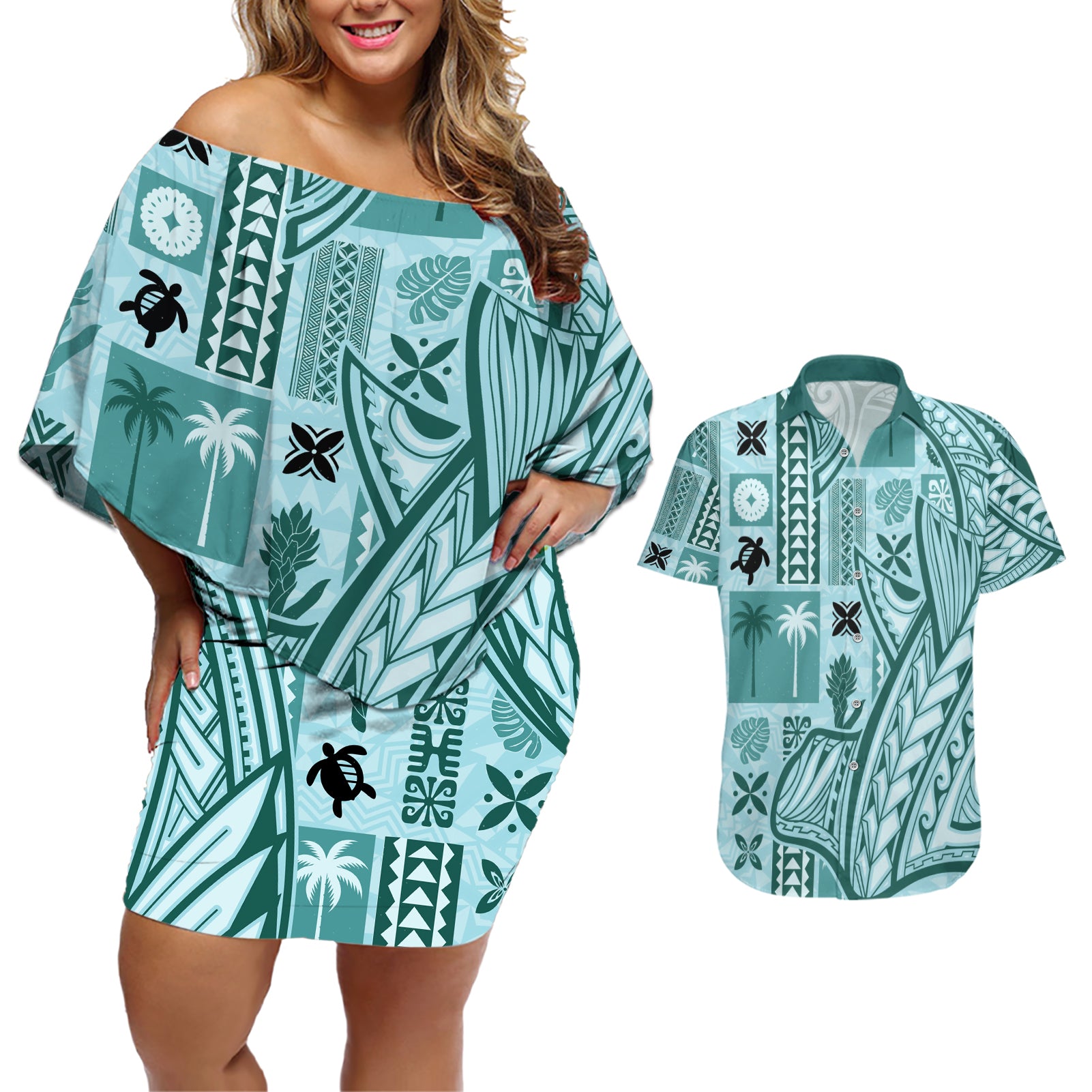 Samoa Tapa Couples Matching Off Shoulder Short Dress and Hawaiian Shirt Siapo Mix Tatau Patterns - Teal LT7 - Wonder Print Shop