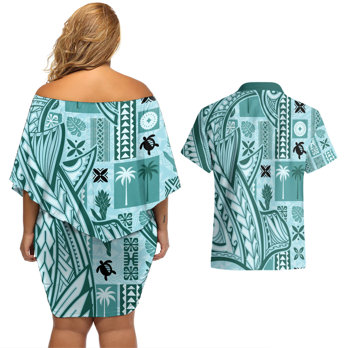 Samoa Tapa Couples Matching Off Shoulder Short Dress and Hawaiian Shirt Siapo Mix Tatau Patterns - Teal LT7 - Wonder Print Shop