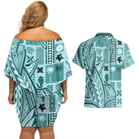 Samoa Tapa Couples Matching Off Shoulder Short Dress and Hawaiian Shirt Siapo Mix Tatau Patterns - Teal LT7 - Wonder Print Shop