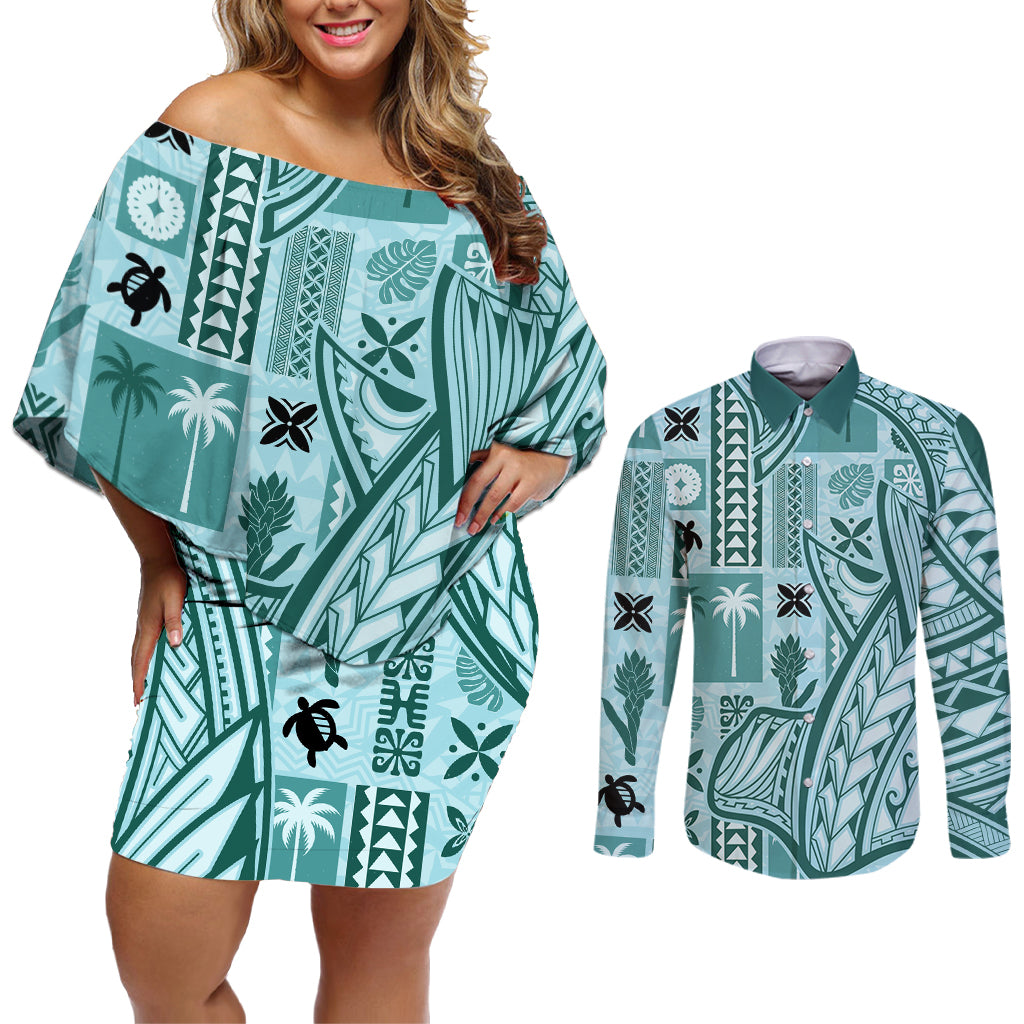 Samoa Tapa Couples Matching Off Shoulder Short Dress and Long Sleeve Button Shirt Siapo Mix Tatau Patterns - Teal LT7 - Wonder Print Shop