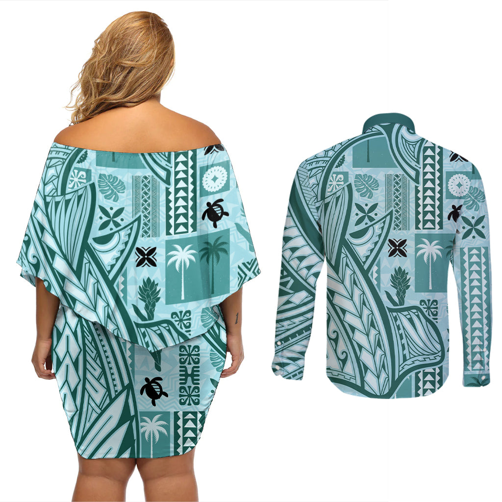 Samoa Tapa Couples Matching Off Shoulder Short Dress and Long Sleeve Button Shirt Siapo Mix Tatau Patterns - Teal LT7 - Wonder Print Shop