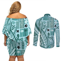 Samoa Tapa Couples Matching Off Shoulder Short Dress and Long Sleeve Button Shirt Siapo Mix Tatau Patterns - Teal LT7 - Wonder Print Shop