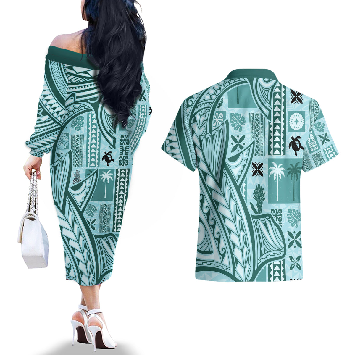 Samoa Tapa Couples Matching Off The Shoulder Long Sleeve Dress and Hawaiian Shirt Siapo Mix Tatau Patterns - Teal LT7 - Wonder Print Shop