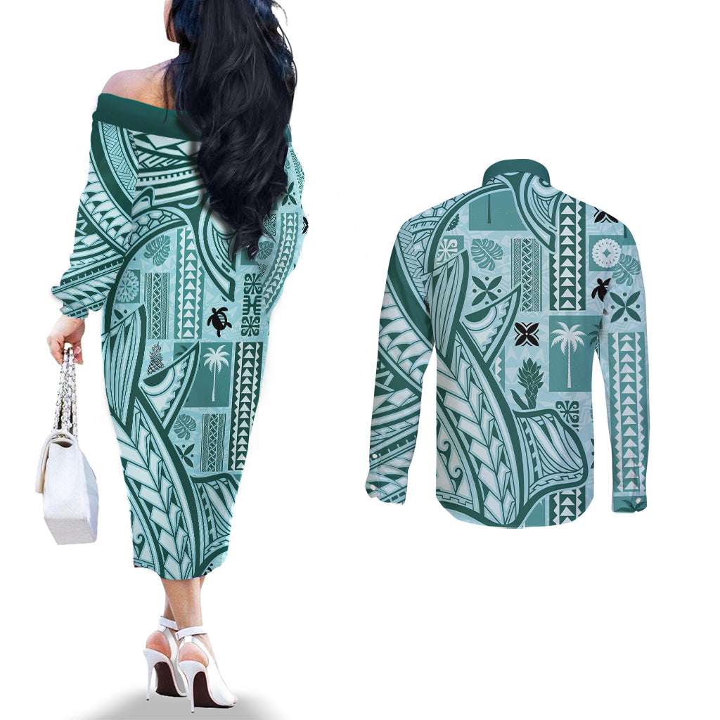 samoa-tapa-couples-matching-off-the-shoulder-long-sleeve-dress-and-long-sleeve-button-shirt-siapo-mix-tatau-patterns-teal