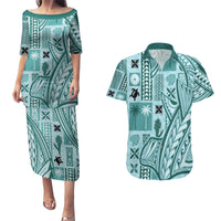 Samoa Tapa Couples Matching Puletasi Dress and Hawaiian Shirt Siapo Mix Tatau Patterns - Teal LT7 - Wonder Print Shop
