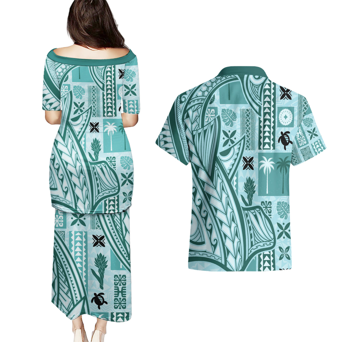 Samoa Tapa Couples Matching Puletasi Dress and Hawaiian Shirt Siapo Mix Tatau Patterns - Teal LT7 - Wonder Print Shop