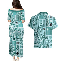 Samoa Tapa Couples Matching Puletasi Dress and Hawaiian Shirt Siapo Mix Tatau Patterns - Teal LT7 - Wonder Print Shop