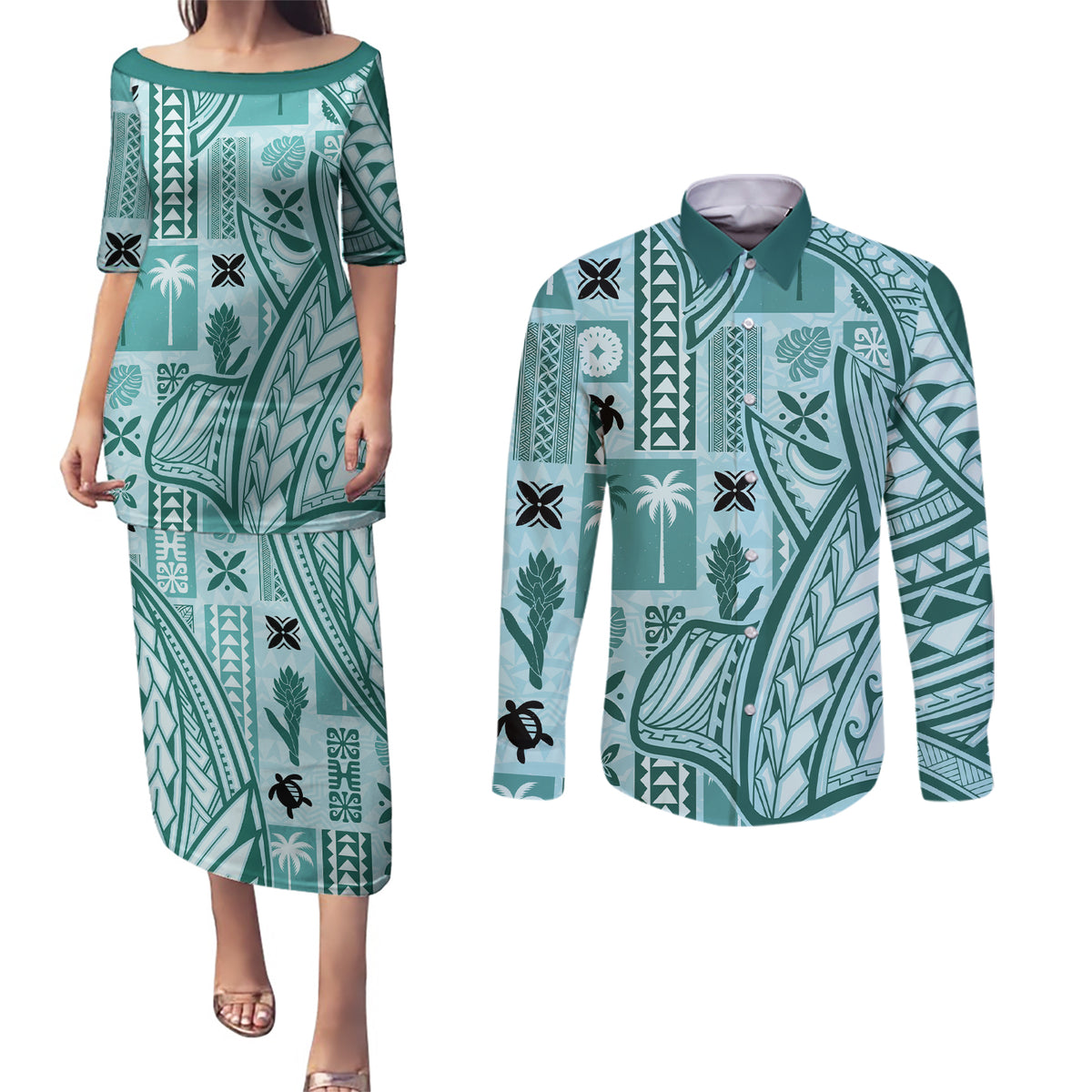 Samoa Tapa Couples Matching Puletasi Dress and Long Sleeve Button Shirt Siapo Mix Tatau Patterns - Teal LT7 - Wonder Print Shop
