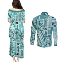 Samoa Tapa Couples Matching Puletasi Dress and Long Sleeve Button Shirt Siapo Mix Tatau Patterns - Teal LT7 - Wonder Print Shop