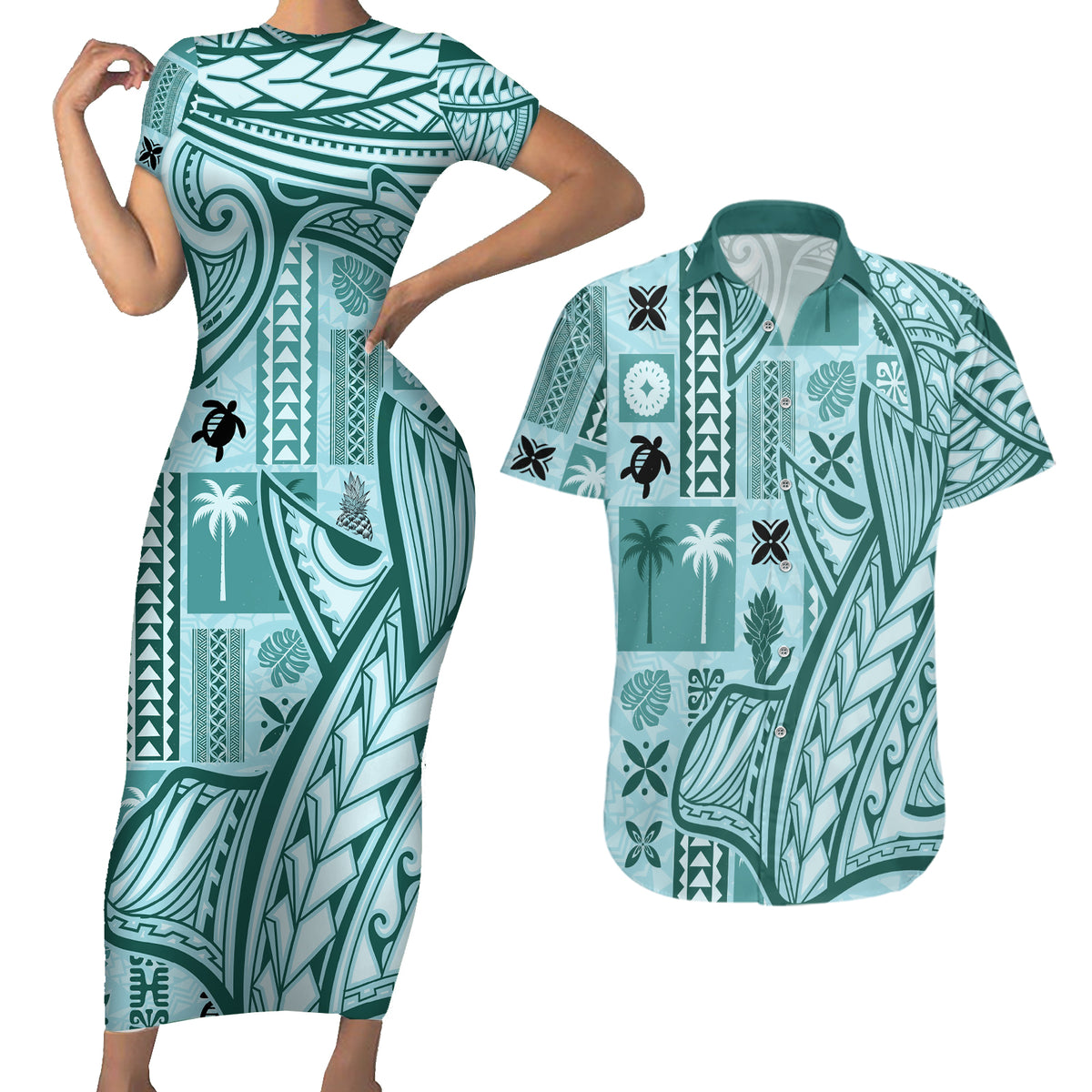 Samoa Tapa Couples Matching Short Sleeve Bodycon Dress and Hawaiian Shirt Siapo Mix Tatau Patterns - Teal LT7 - Wonder Print Shop