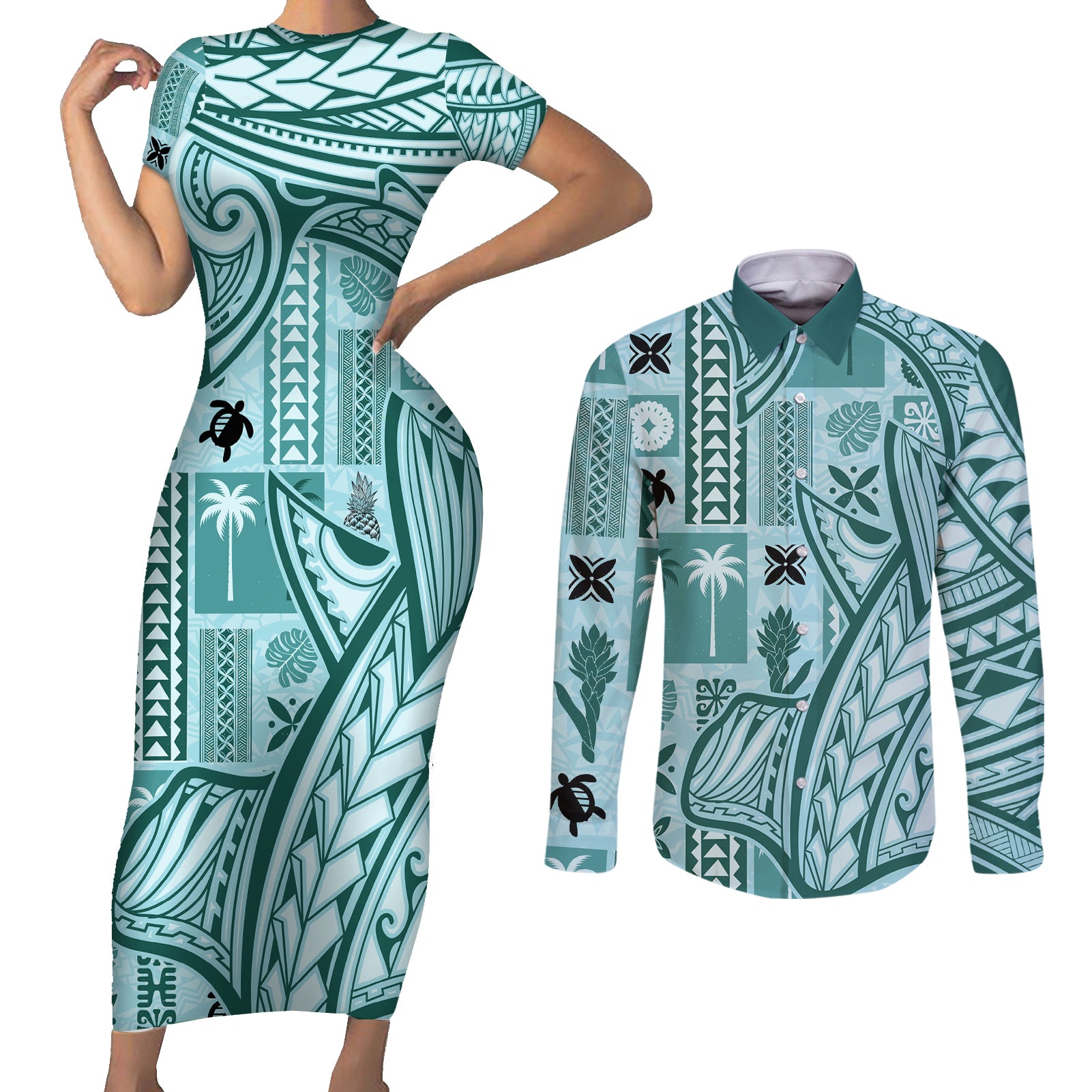 Samoa Tapa Couples Matching Short Sleeve Bodycon Dress and Long Sleeve Button Shirt Siapo Mix Tatau Patterns - Teal LT7 - Wonder Print Shop
