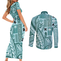 Samoa Tapa Couples Matching Short Sleeve Bodycon Dress and Long Sleeve Button Shirt Siapo Mix Tatau Patterns - Teal LT7 - Wonder Print Shop