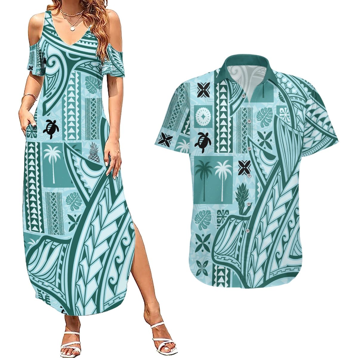 Samoa Tapa Couples Matching Summer Maxi Dress and Hawaiian Shirt Siapo Mix Tatau Patterns - Teal LT7 - Wonder Print Shop