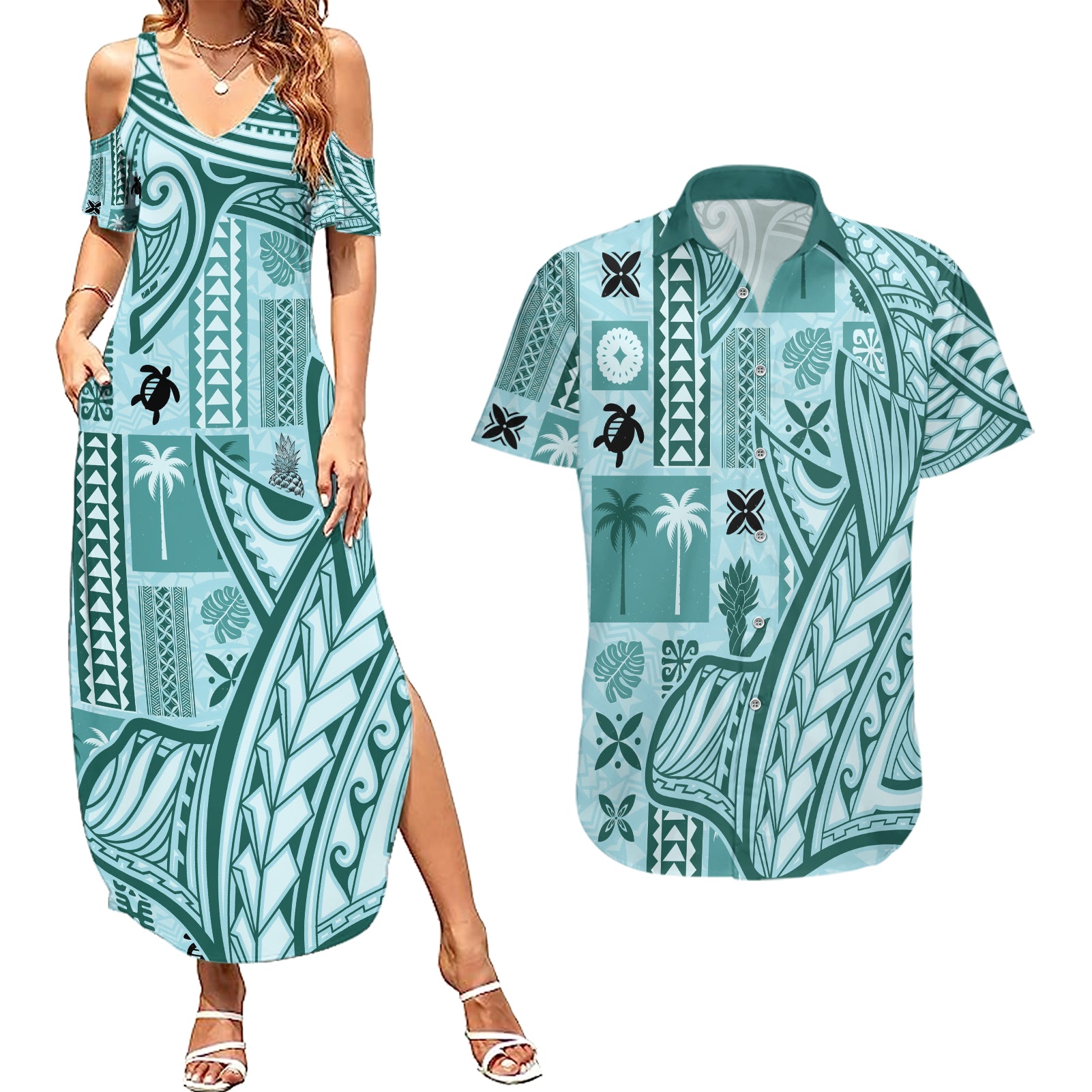 Samoa Tapa Couples Matching Summer Maxi Dress and Hawaiian Shirt Siapo Mix Tatau Patterns - Teal LT7 - Wonder Print Shop
