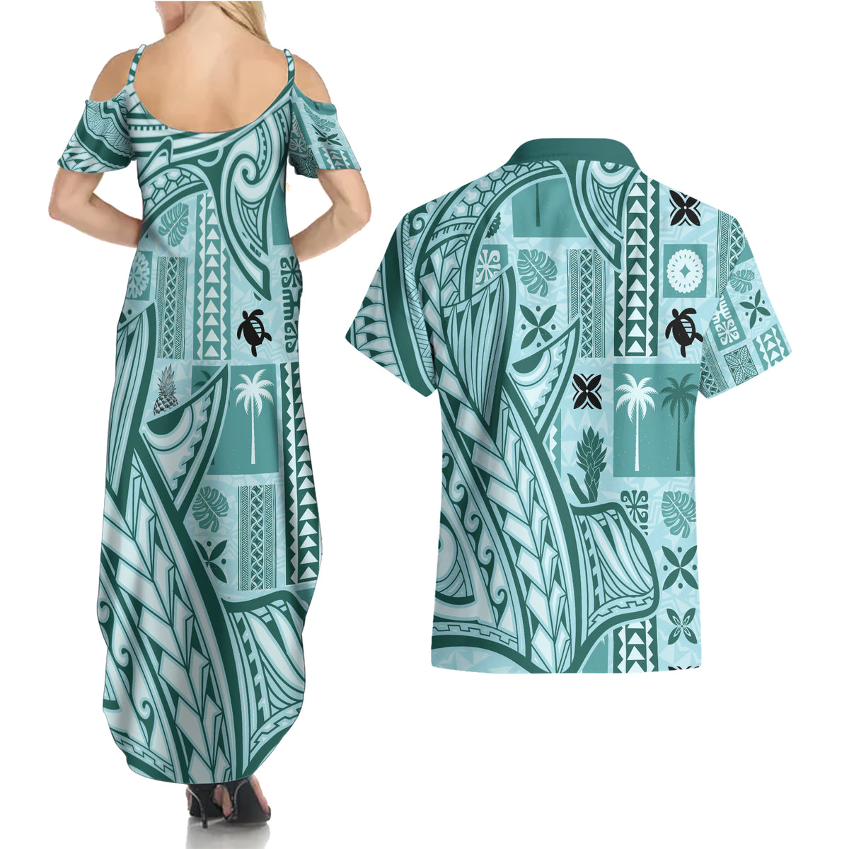 Samoa Tapa Couples Matching Summer Maxi Dress and Hawaiian Shirt Siapo Mix Tatau Patterns - Teal LT7 - Wonder Print Shop