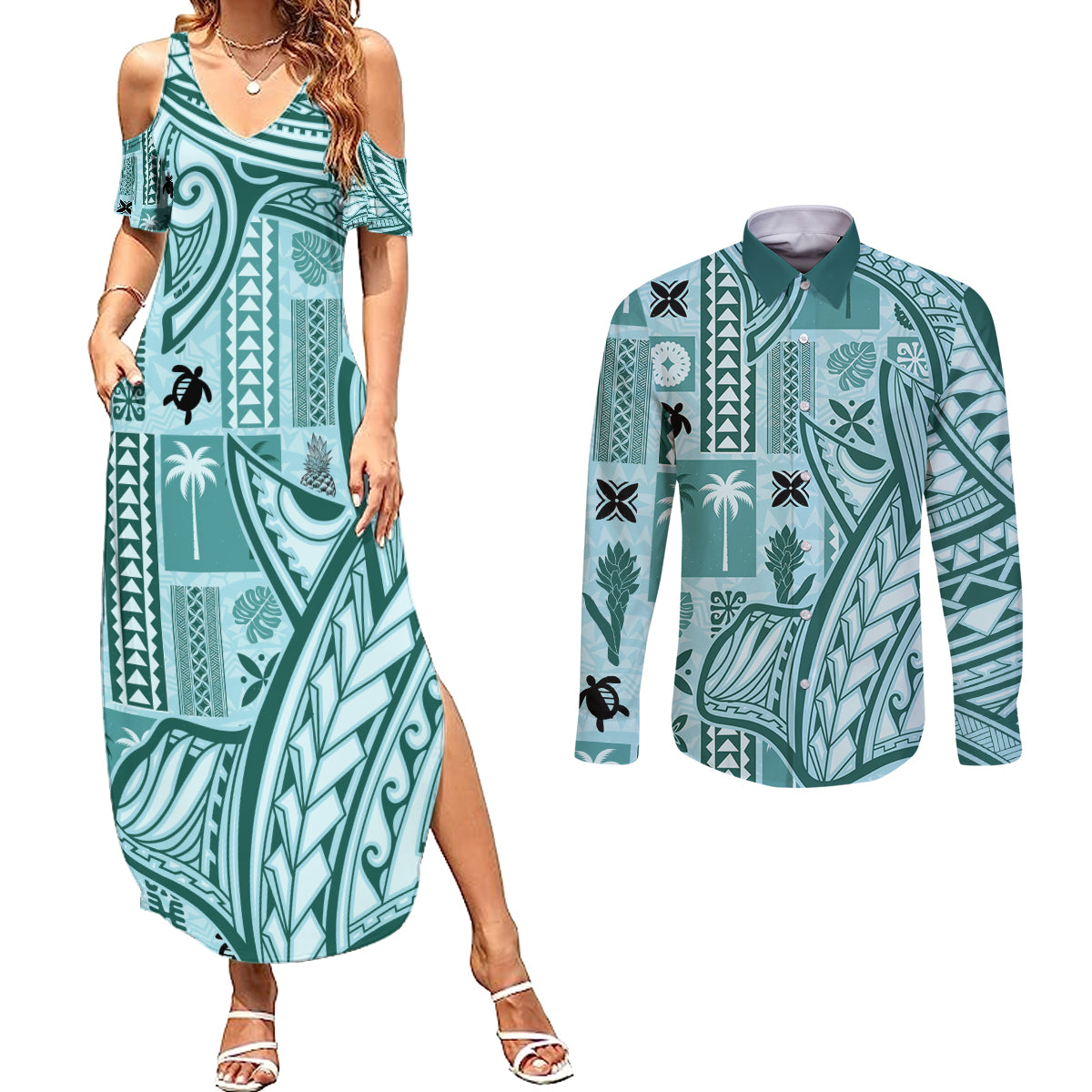 Samoa Tapa Couples Matching Summer Maxi Dress and Long Sleeve Button Shirt Siapo Mix Tatau Patterns - Teal LT7 - Wonder Print Shop