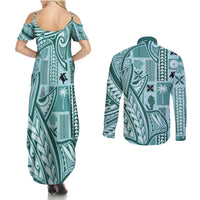 Samoa Tapa Couples Matching Summer Maxi Dress and Long Sleeve Button Shirt Siapo Mix Tatau Patterns - Teal LT7 - Wonder Print Shop