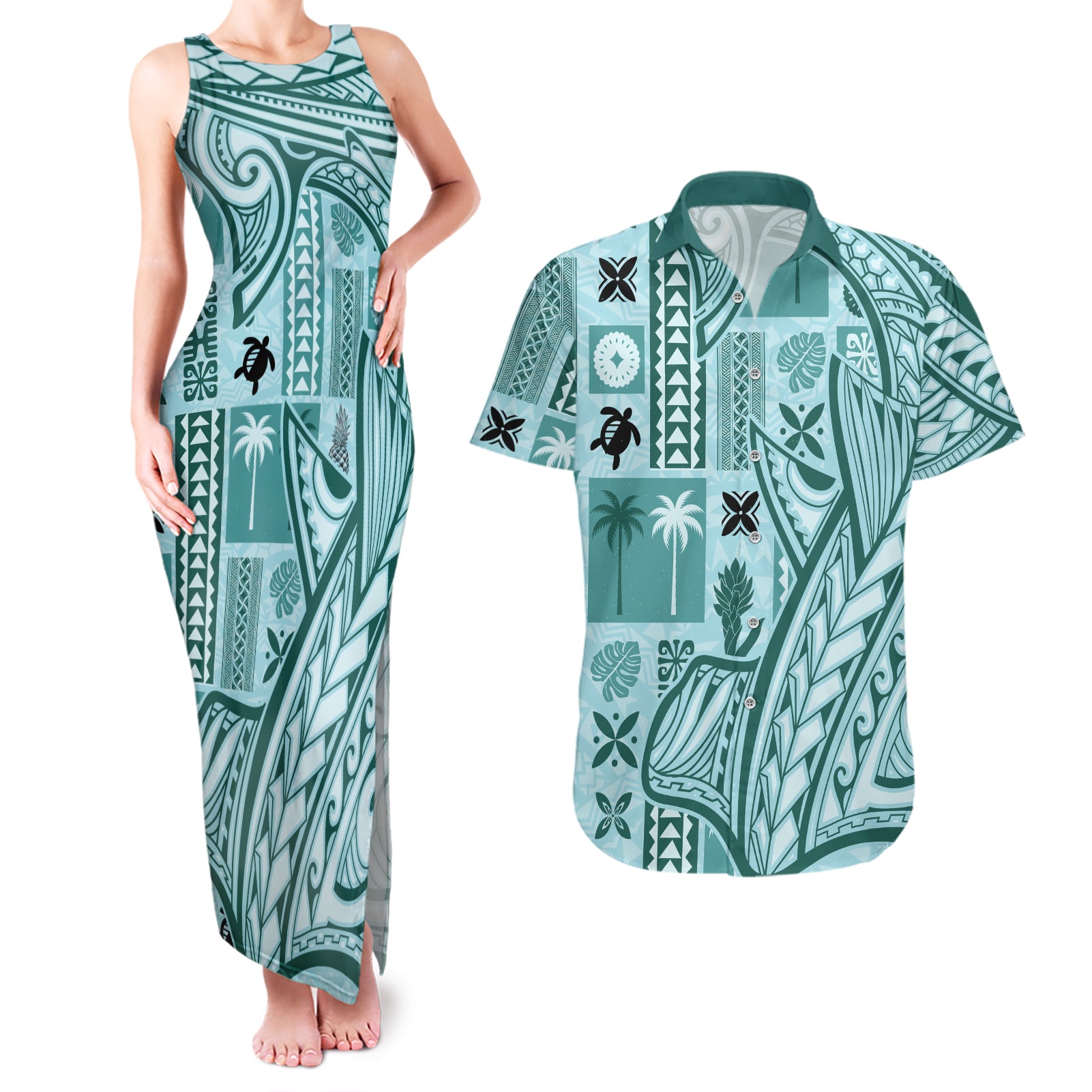 Samoa Tapa Couples Matching Tank Maxi Dress and Hawaiian Shirt Siapo Mix Tatau Patterns - Teal LT7 - Wonder Print Shop