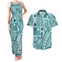 Samoa Tapa Couples Matching Tank Maxi Dress and Hawaiian Shirt Siapo Mix Tatau Patterns - Teal LT7 - Wonder Print Shop