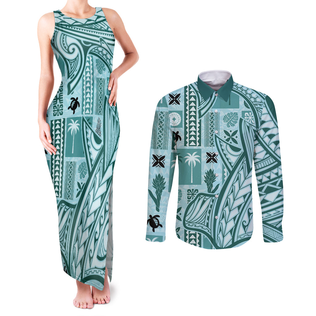 Samoa Tapa Couples Matching Tank Maxi Dress and Long Sleeve Button Shirt Siapo Mix Tatau Patterns - Teal LT7 - Wonder Print Shop