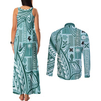Samoa Tapa Couples Matching Tank Maxi Dress and Long Sleeve Button Shirt Siapo Mix Tatau Patterns - Teal LT7 - Wonder Print Shop