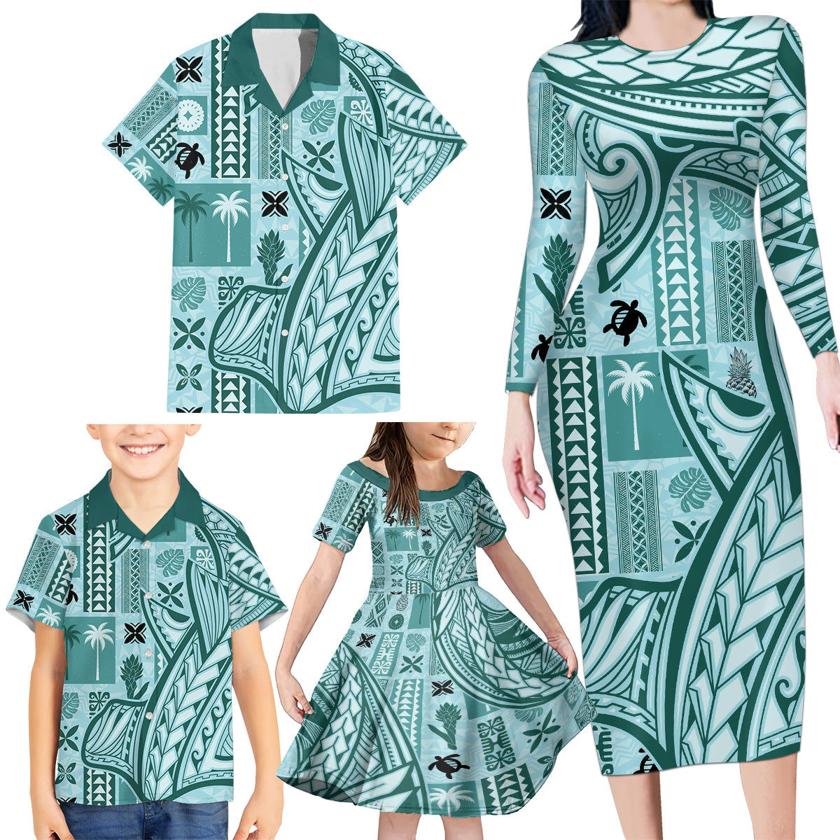 Samoa Tapa Family Matching Long Sleeve Bodycon Dress and Hawaiian Shirt Siapo Mix Tatau Patterns - Teal LT7 - Wonder Print Shop