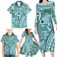 Samoa Tapa Family Matching Long Sleeve Bodycon Dress and Hawaiian Shirt Siapo Mix Tatau Patterns - Teal LT7 - Wonder Print Shop