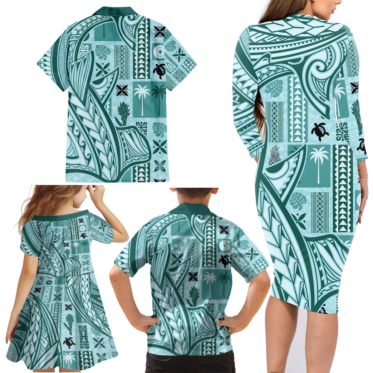 Samoa Tapa Family Matching Long Sleeve Bodycon Dress and Hawaiian Shirt Siapo Mix Tatau Patterns - Teal LT7 - Wonder Print Shop
