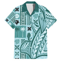 Samoa Tapa Family Matching Long Sleeve Bodycon Dress and Hawaiian Shirt Siapo Mix Tatau Patterns - Teal LT7 - Wonder Print Shop