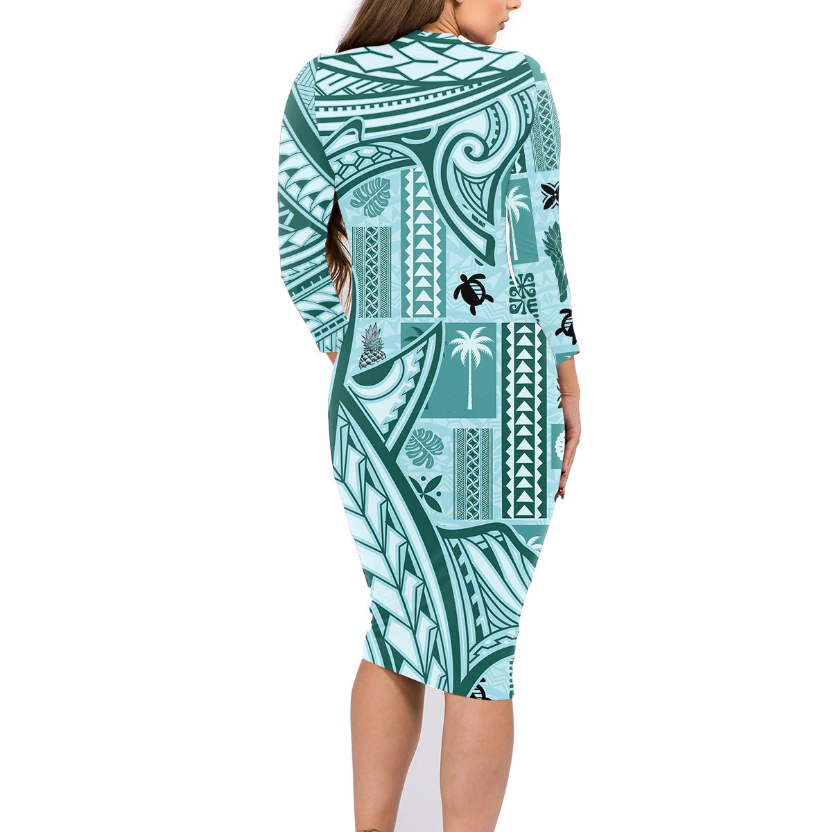 Samoa Tapa Family Matching Long Sleeve Bodycon Dress and Hawaiian Shirt Siapo Mix Tatau Patterns - Teal LT7 - Wonder Print Shop